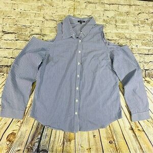 Fashion‎ Nova Blouse Womens XL Blue/White Lilianne Cold Shoulder Button Up